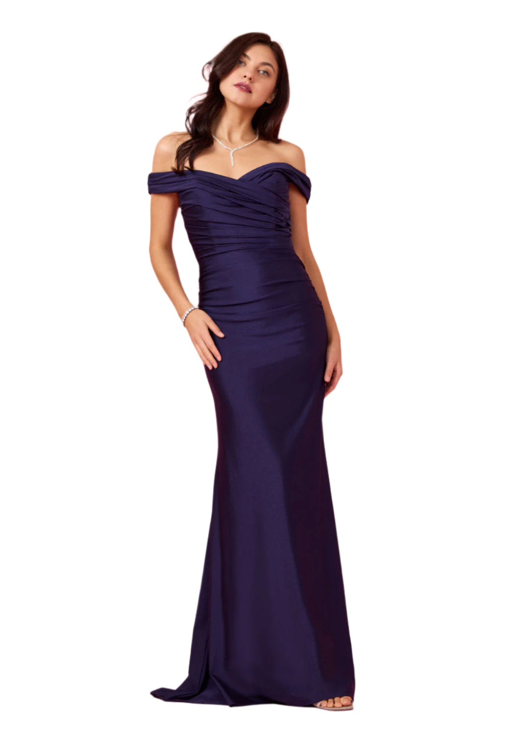 Kos Couture Full-Length Stretch Formal Gown Off Shoulder Dress - NAVY - FRONT VIEW 2