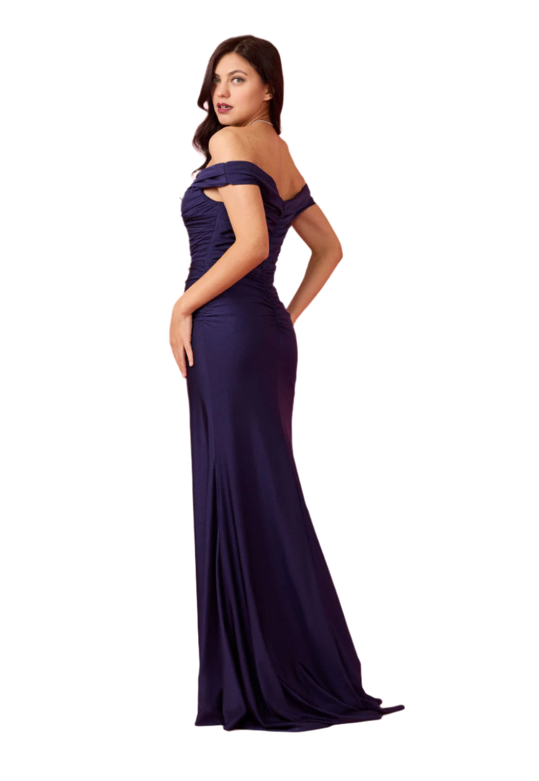 Kos Couture Full-Length Stretch Formal Gown Off Shoulder Dress - NAVY - SIDE VIEW 2