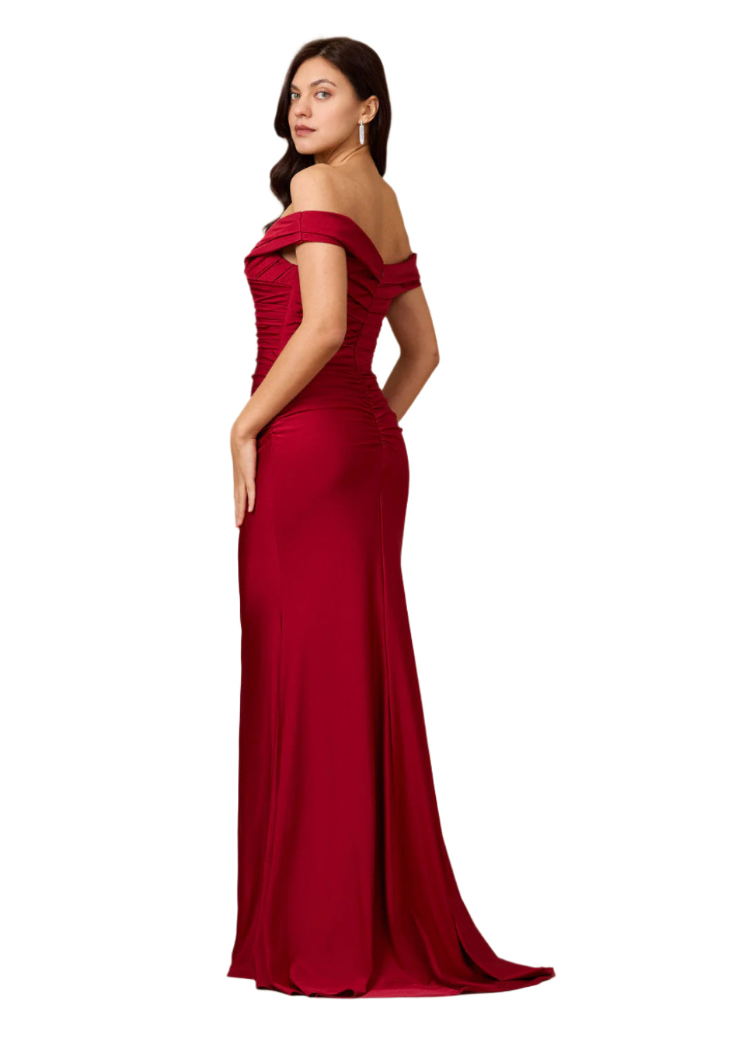 Kos Couture Full-Length Stretch Formal Gown Off Shoulder Dress - BURGANDY - BACK VIEW