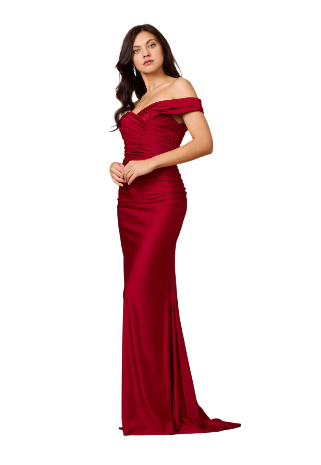 Kos Couture Full-Length Stretch Formal Gown Off Shoulder Dress - BURGANDY - FRONT VIEW 2