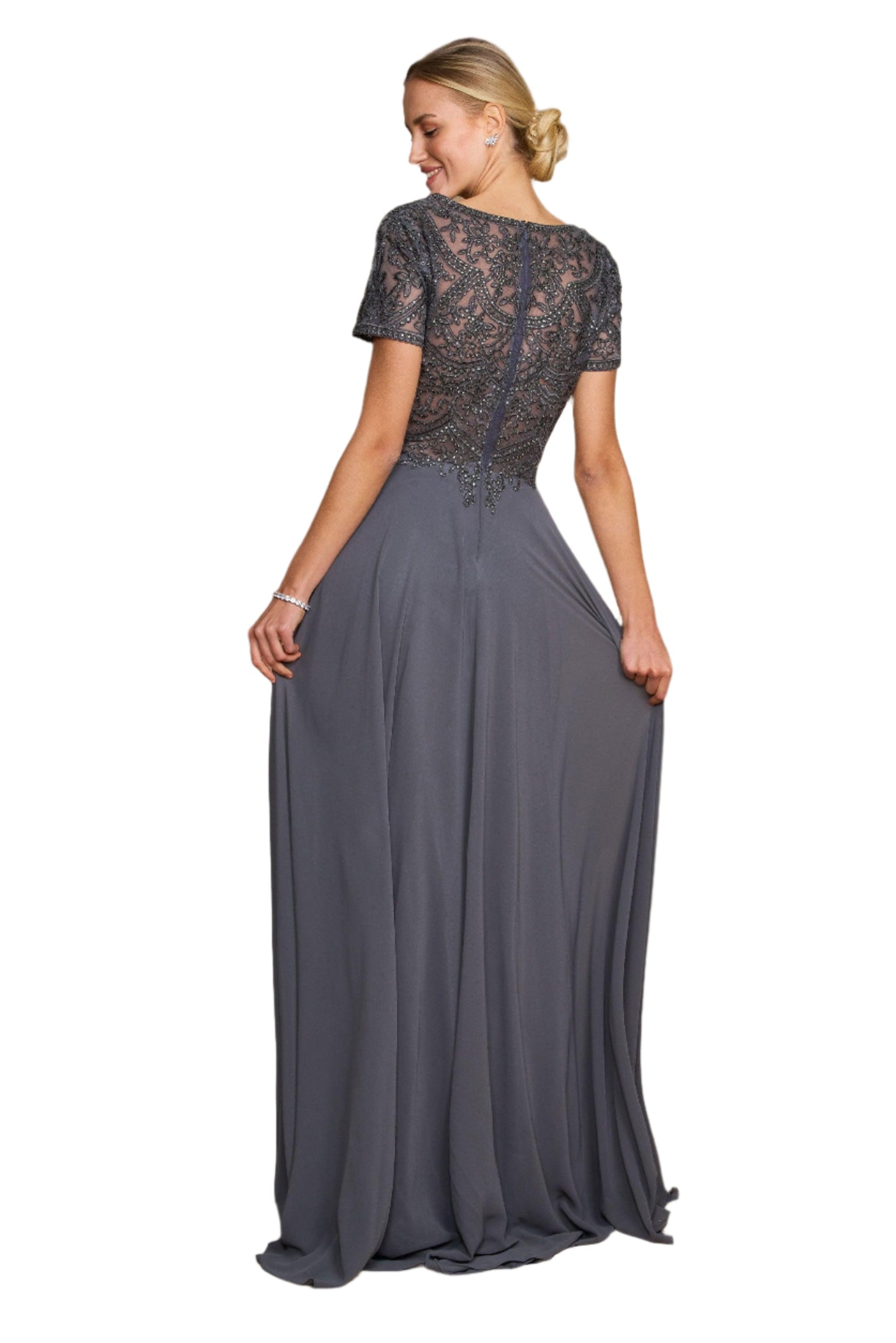 Dylan and Davids Short-Length Sleeve Formal Gown Mother of the Bride Dress - charcoal - back