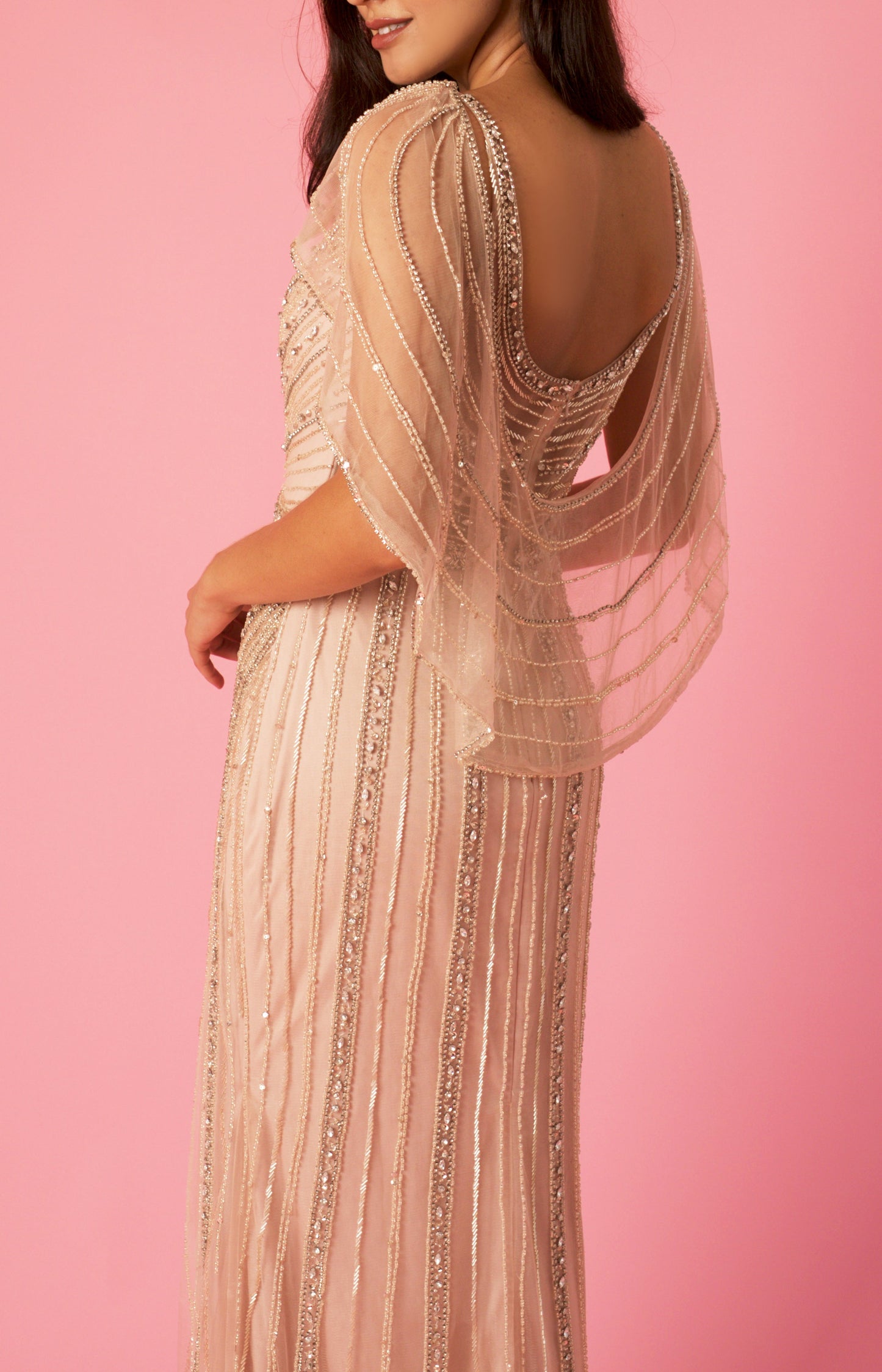 Floor Length Couture Hand Beaded Formal Cape Dress