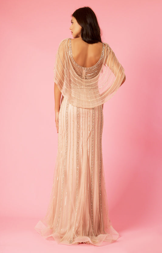 Floor Length Couture Hand Beaded Formal Cape Dress