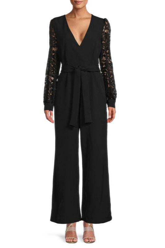 Donna Ricco Belted Wide Leg Deep V-Neck Banded Button Cuffs Lace Sleeve Jumpsuit - BLACK - Front