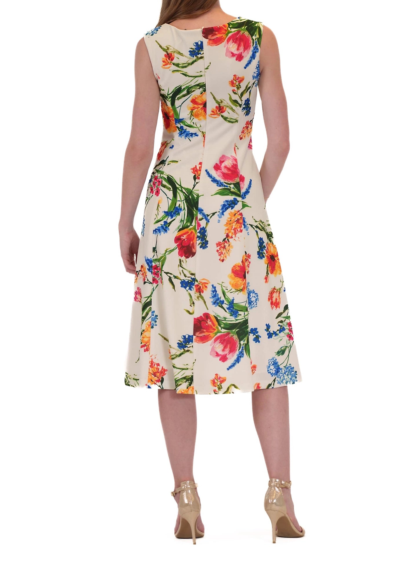 Donna Ricco Bateau Neckline Back Zip Closure Sleeveless Midi A-Line Dress - IVORY MULTI - Back