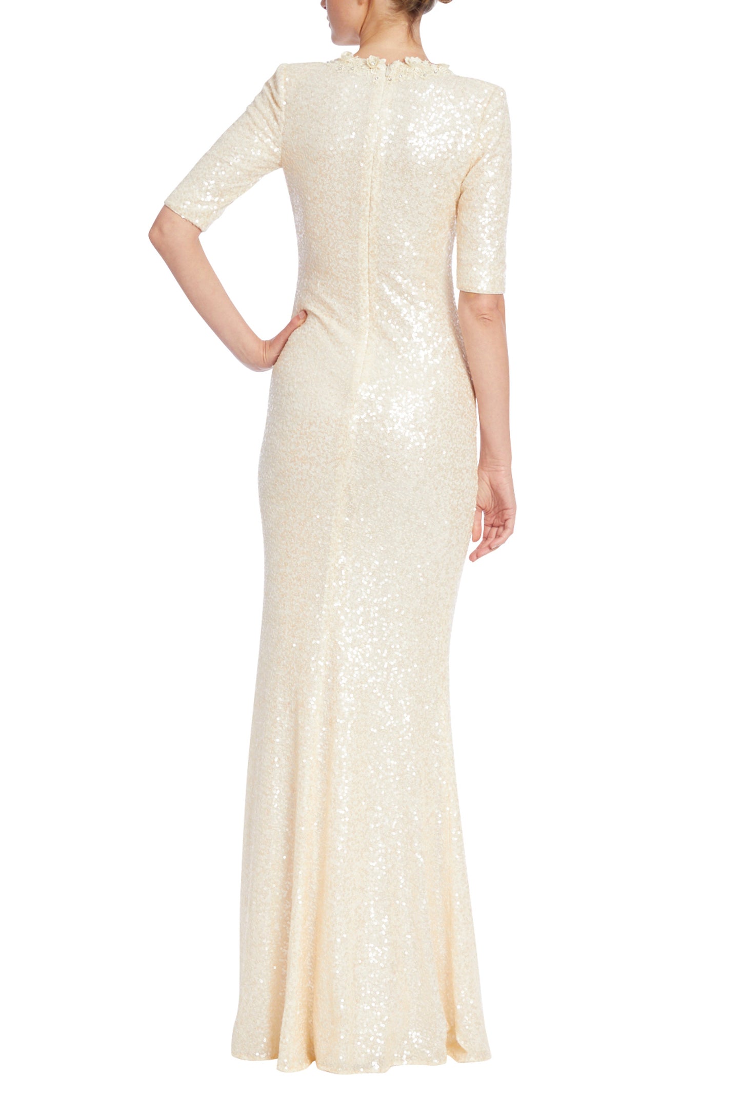 Badgley Mischka Sequined V-Neckline Bodice 3/4 Sleeves Sash Tie Embellished with Rhinestones Crystal Lace Trim Front Slit Back Zipper Gown - EGGSHELL - Back