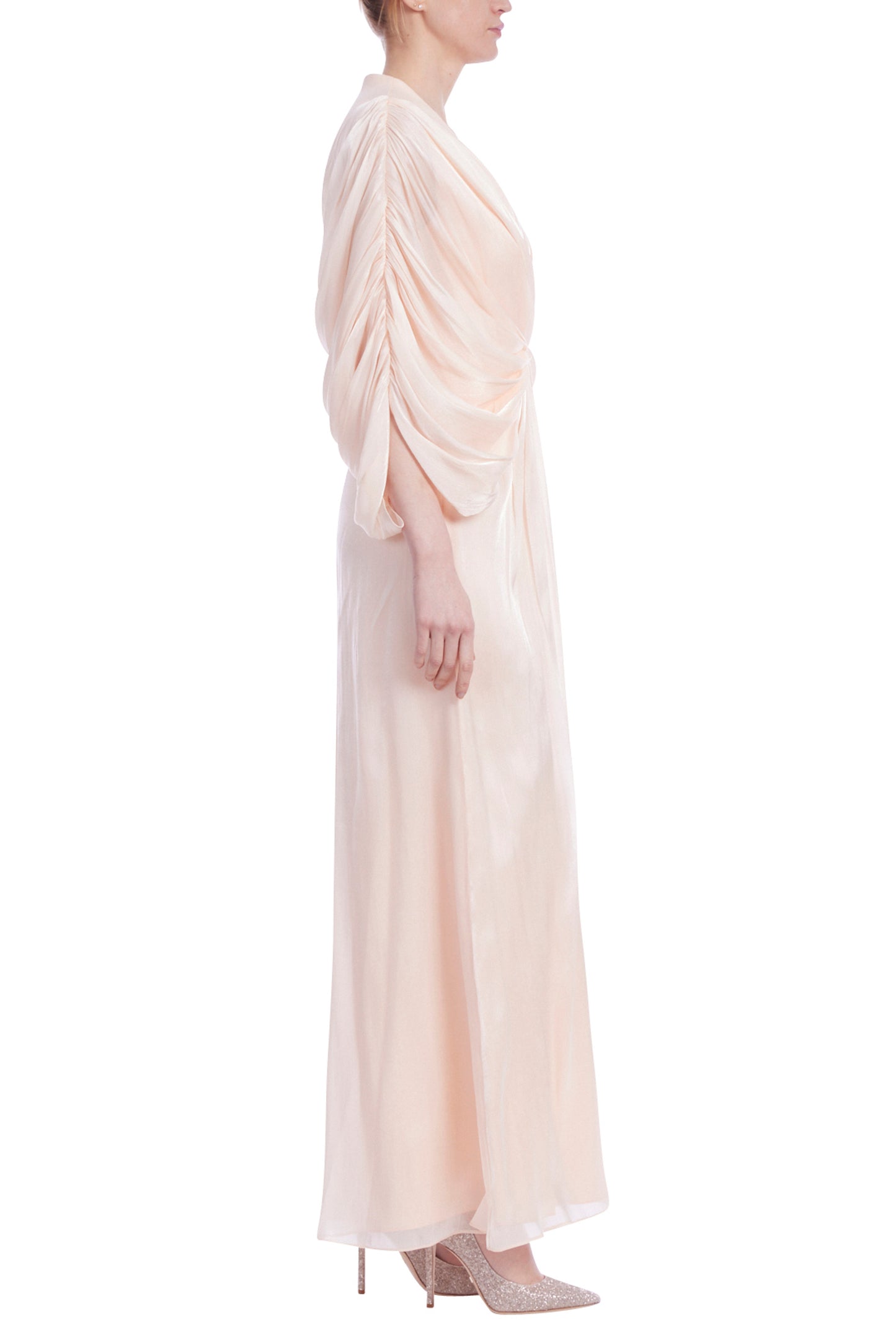 Badgley Mischka Deep V-Wrap Neckline Dolman Sleeves Twisted-Knot Waist Chiffon Bodice Column Maxi Gown Dress