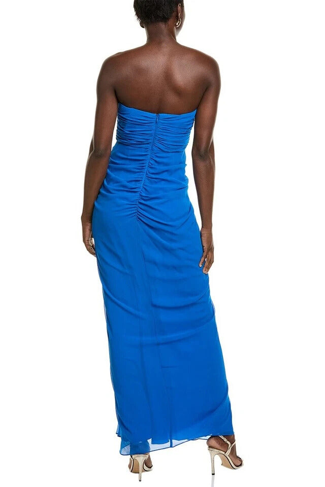 Badgley Mischka Strapless Dramatic Ruffle Front Design Back Zipper Closure Georgette Gown Dress - COBALT - Back