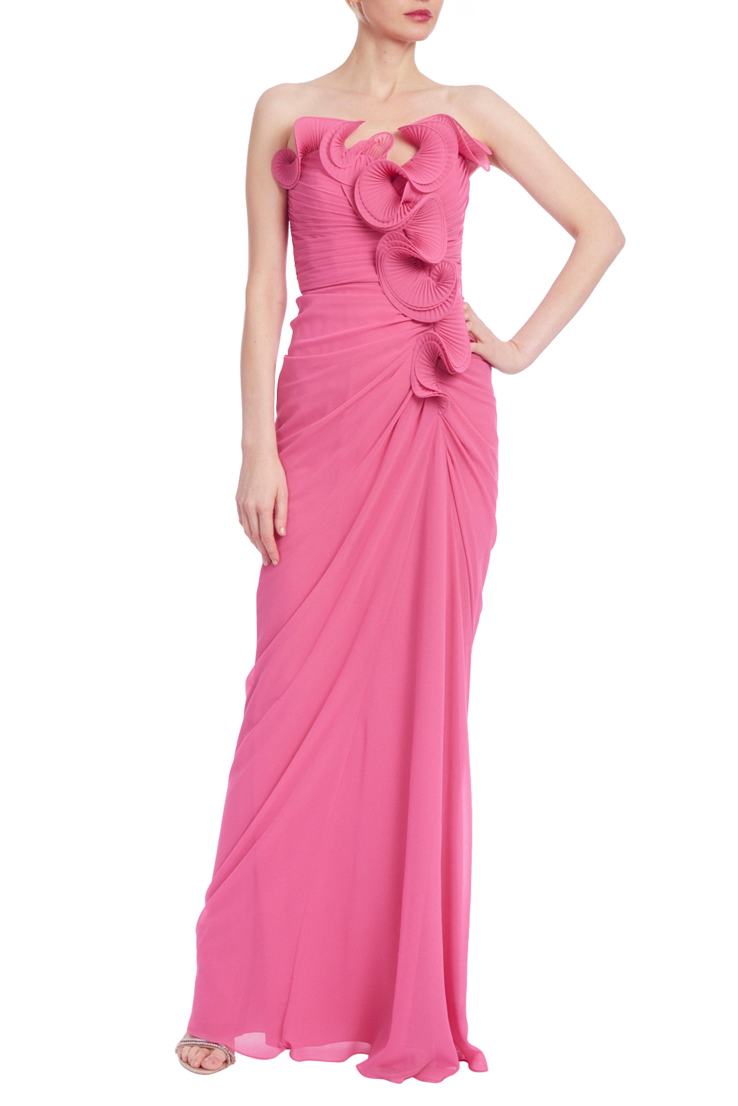 Badgley Mischka Strapless Dramatic Ruffle Front Design Back Zipper Closure Georgette Gown Dress - STRAWBERRY - Front