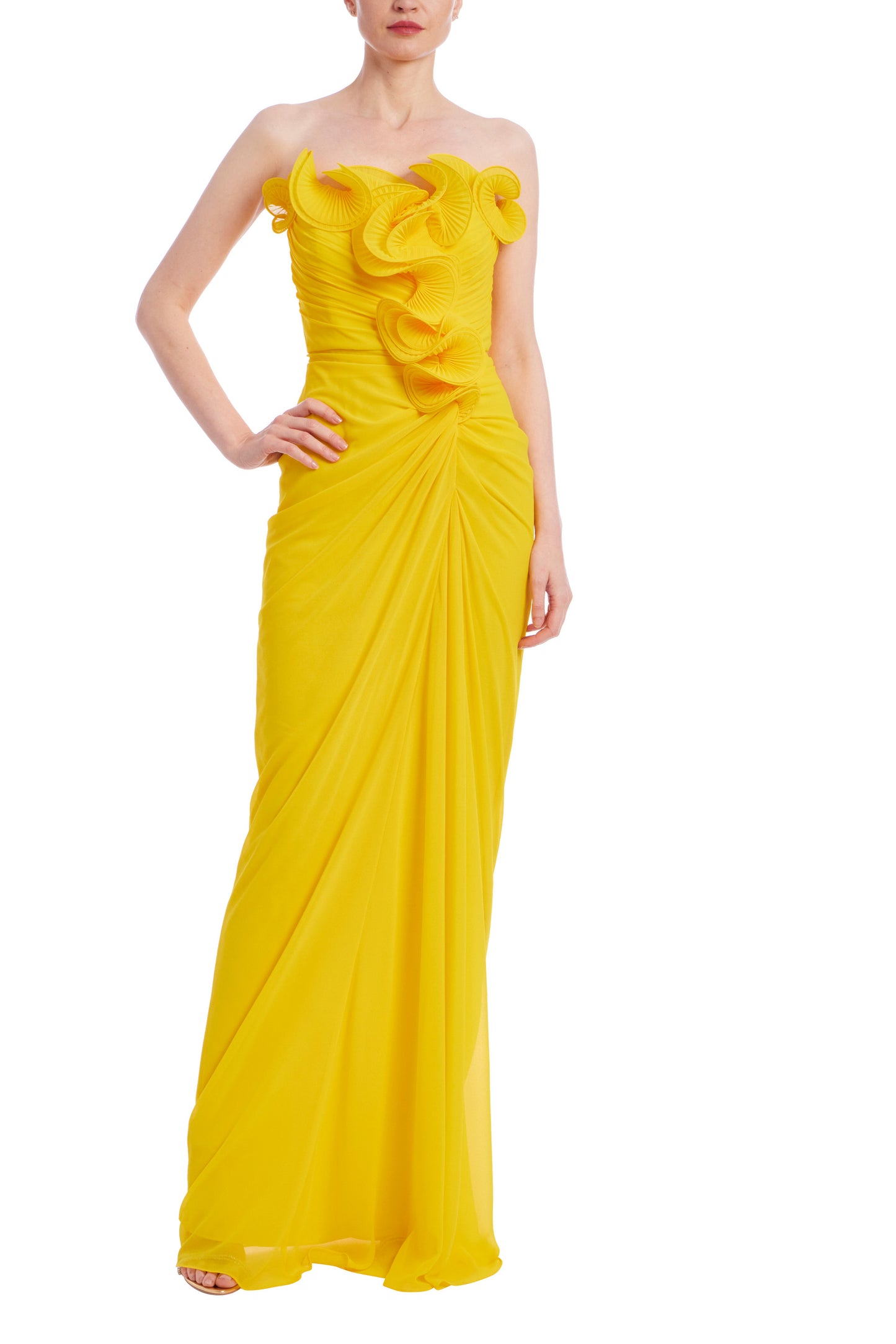 Badgley Mischka Strapless Dramatic Ruffle Front Design Back Zipper Closure Georgette Gown Dress - YELLOW - Front