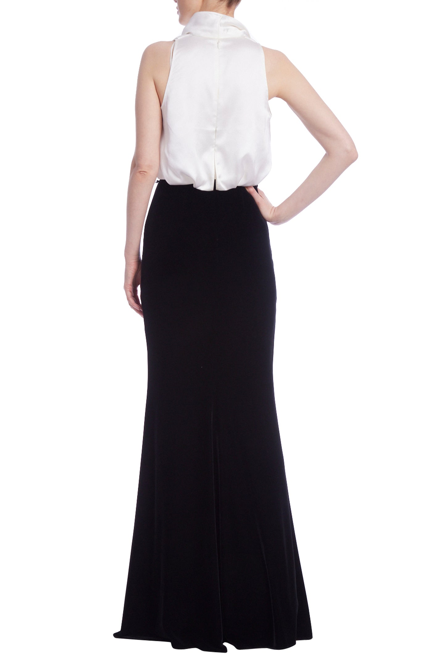 Badgley Mischka Sleeveless Contrast Column Satin Shirt Velvet Skirt Subtle Bodice Gown - BLACK WHITE - Back
