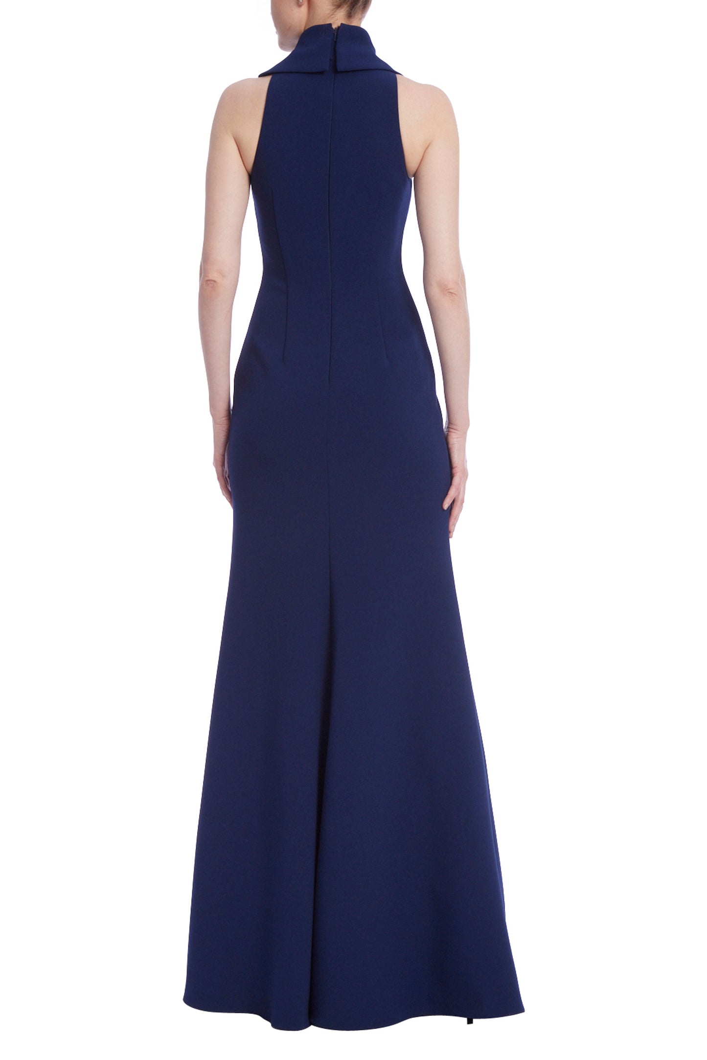 Badgley Mischka Racerback High Neck Column Crepe Gown - NAVY - BACK