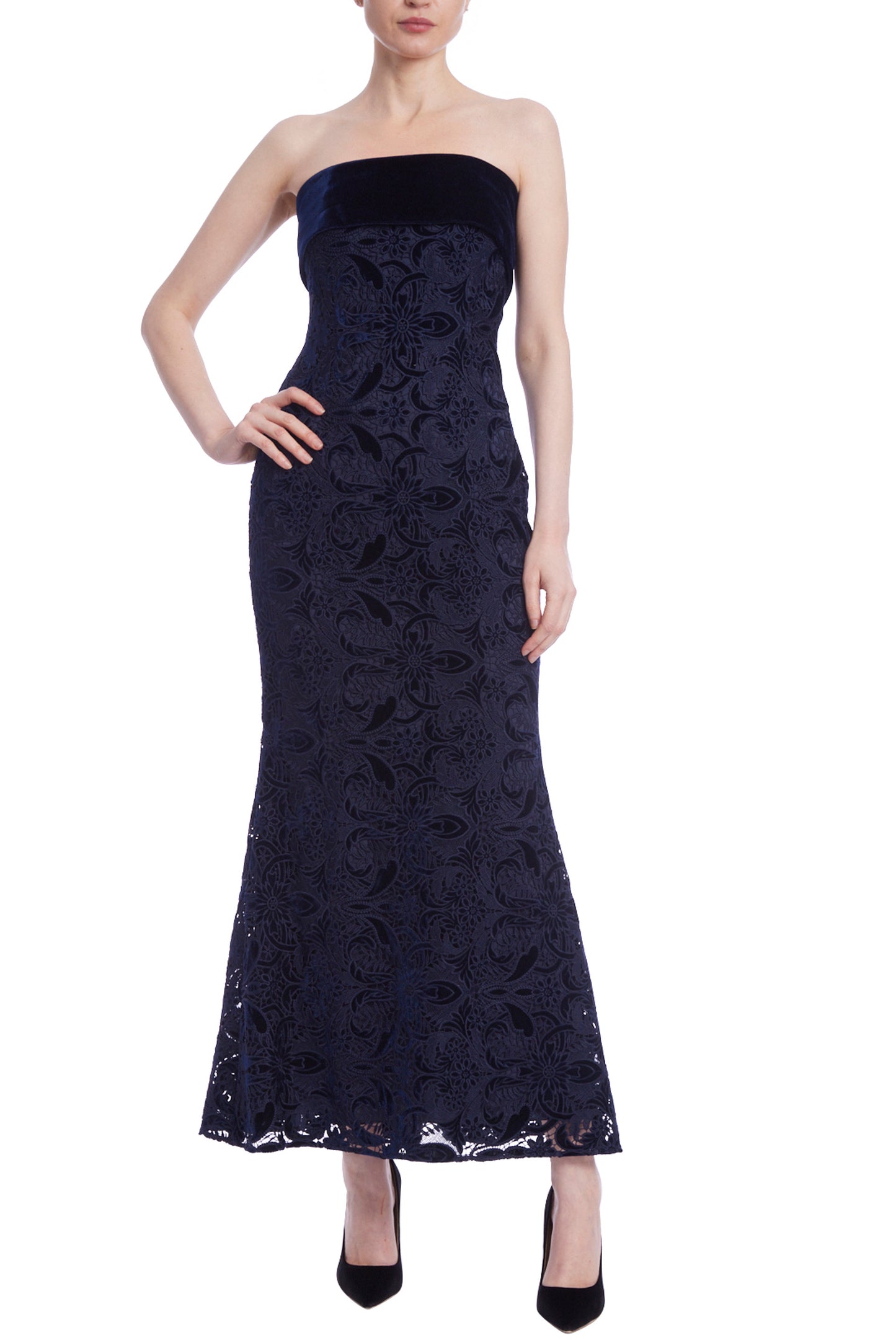 Badgley Mischka Lace Velvet Mixed Media Popover Strapless Midi Bodice Dress - NAVY - Front