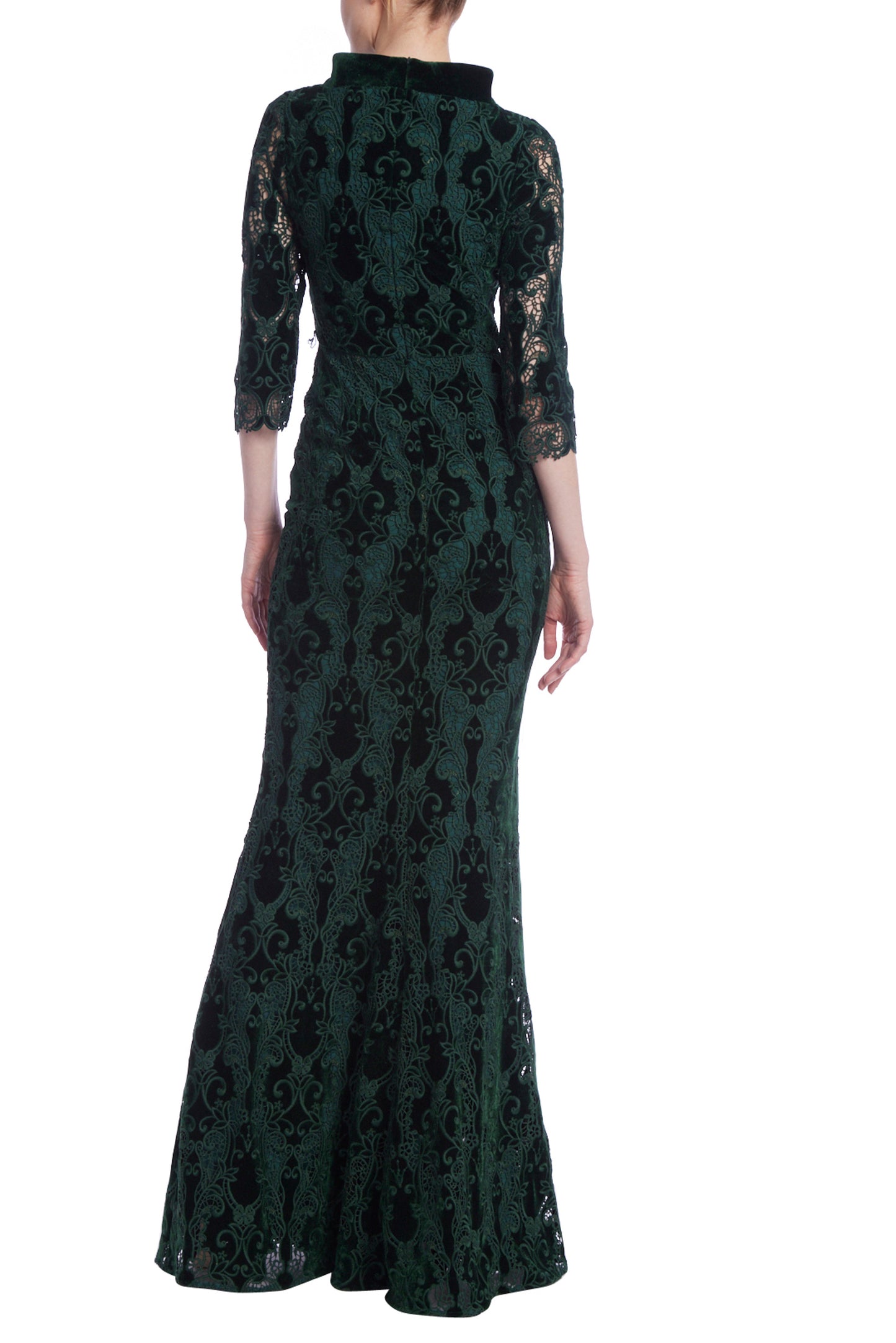 Badgley Mischka Scroll Lace-Decorated Velvet Mixed Media Mock Neck Column Gown - EMERALD - back
