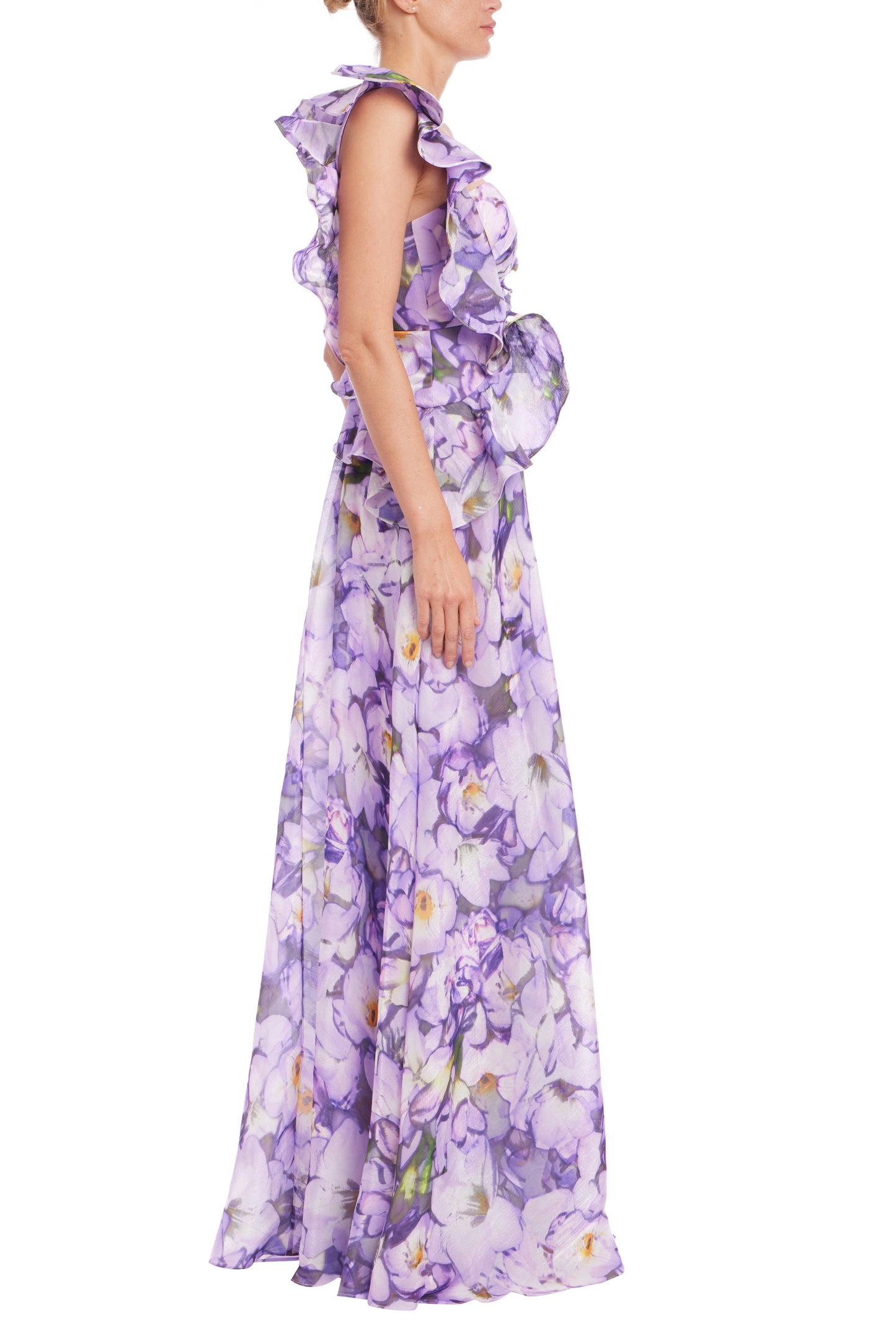 Badgley Mischka Ruffled One-Shoulder Sweetheart Neckline Strapless Column A-Line Skirt Floral Lilac Gown Dress