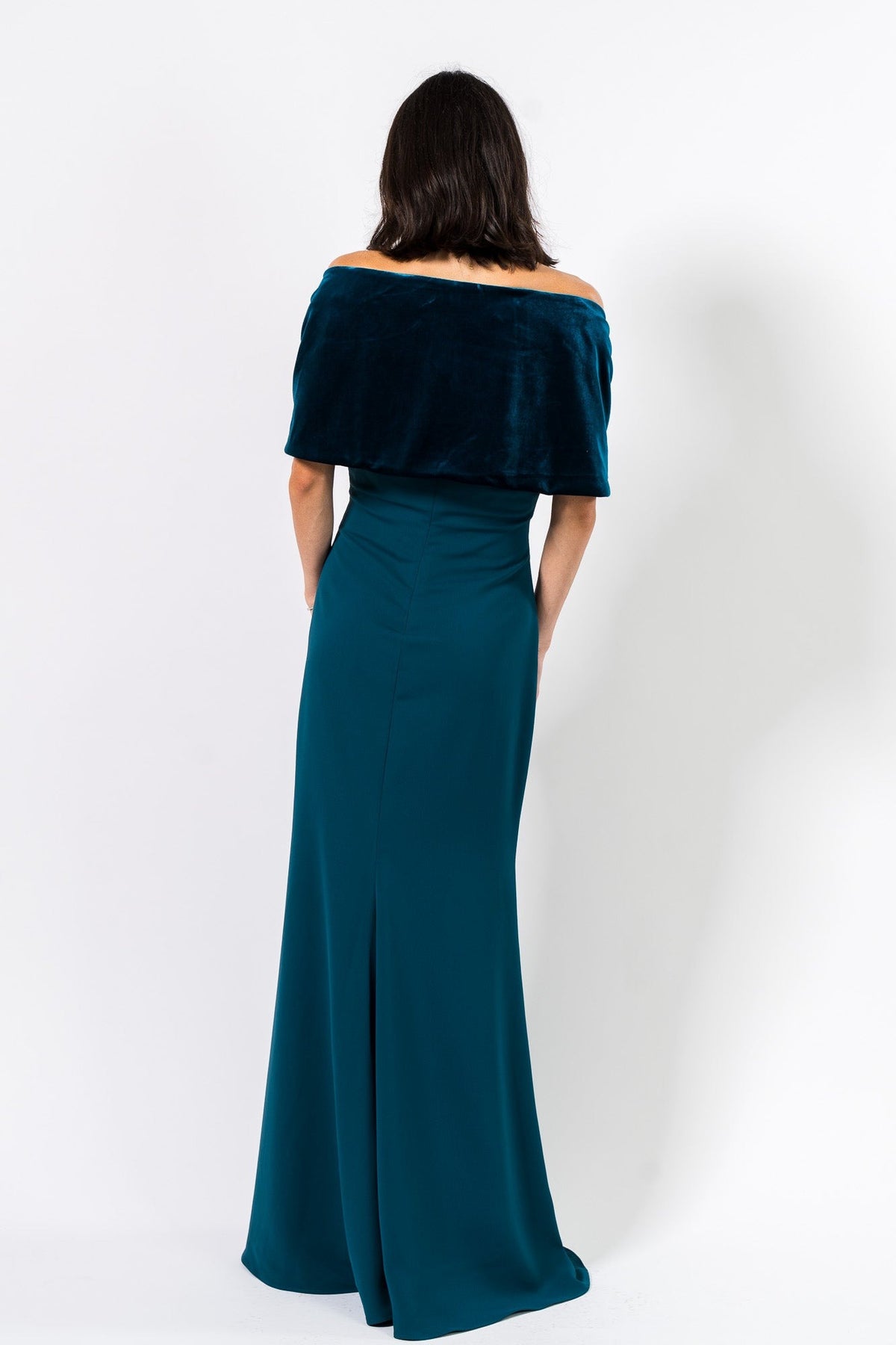 Off-the-Shoulder Floor-Length Velvet and Crepe Formal Drape Cape Column Gown Badgley Mischka EG4599A