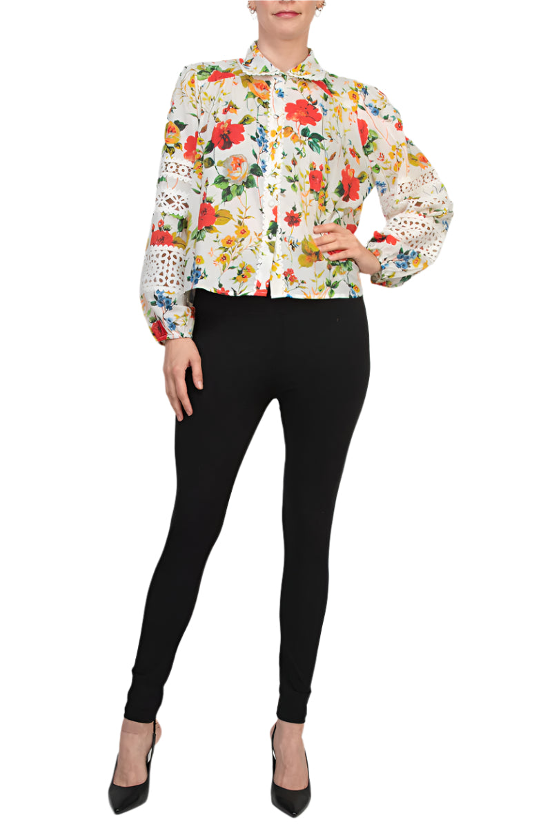 Elie High Collar Elastic Cuff Long Sleeves Front Button Down Closure Floral Pattern Shirt - MULTI FLEURS PRINT - FRONT VIEW