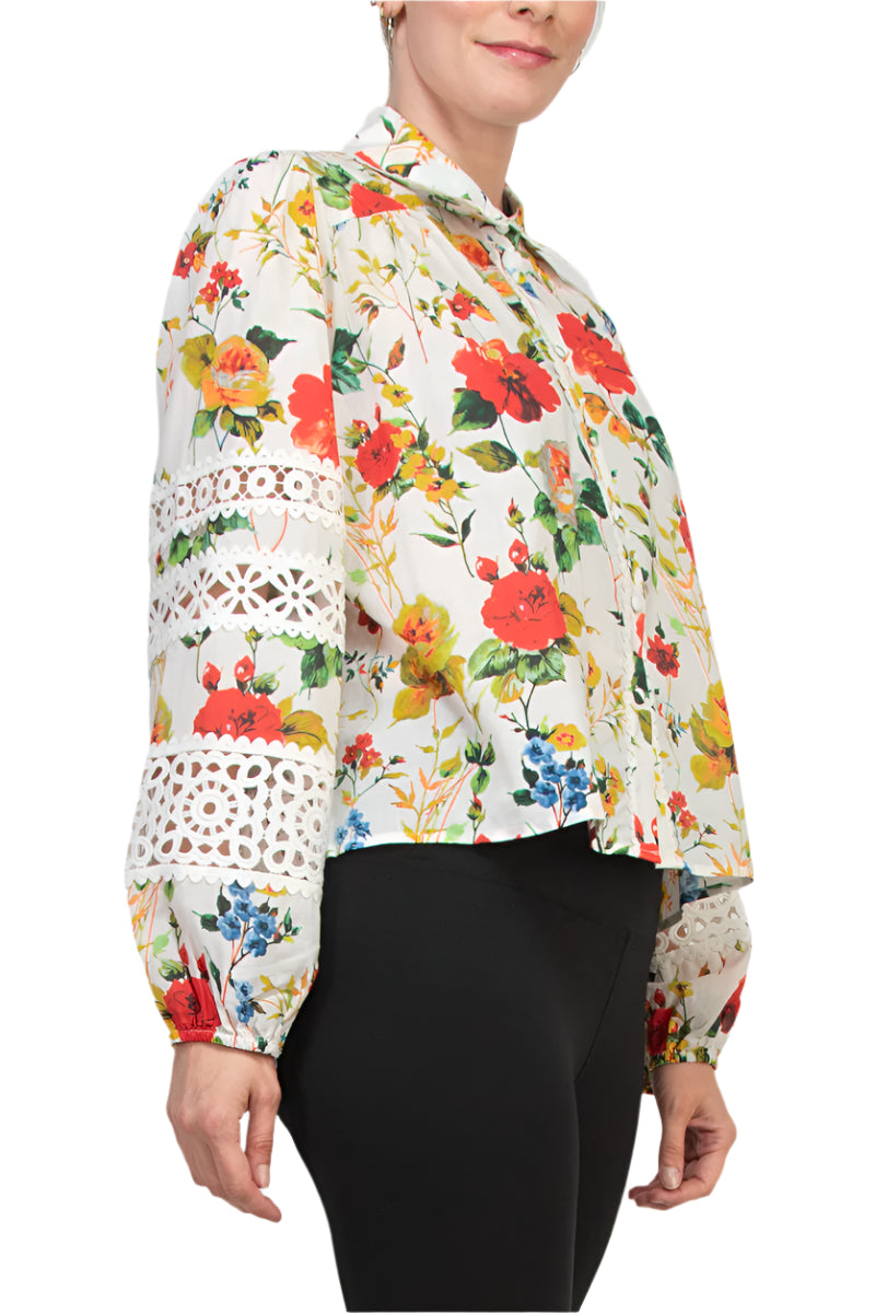 Elie High Collar Elastic Cuff Long Sleeves Front Button Down Closure Floral Pattern Shirt - MULTI FLEURS PRINT - SIDE