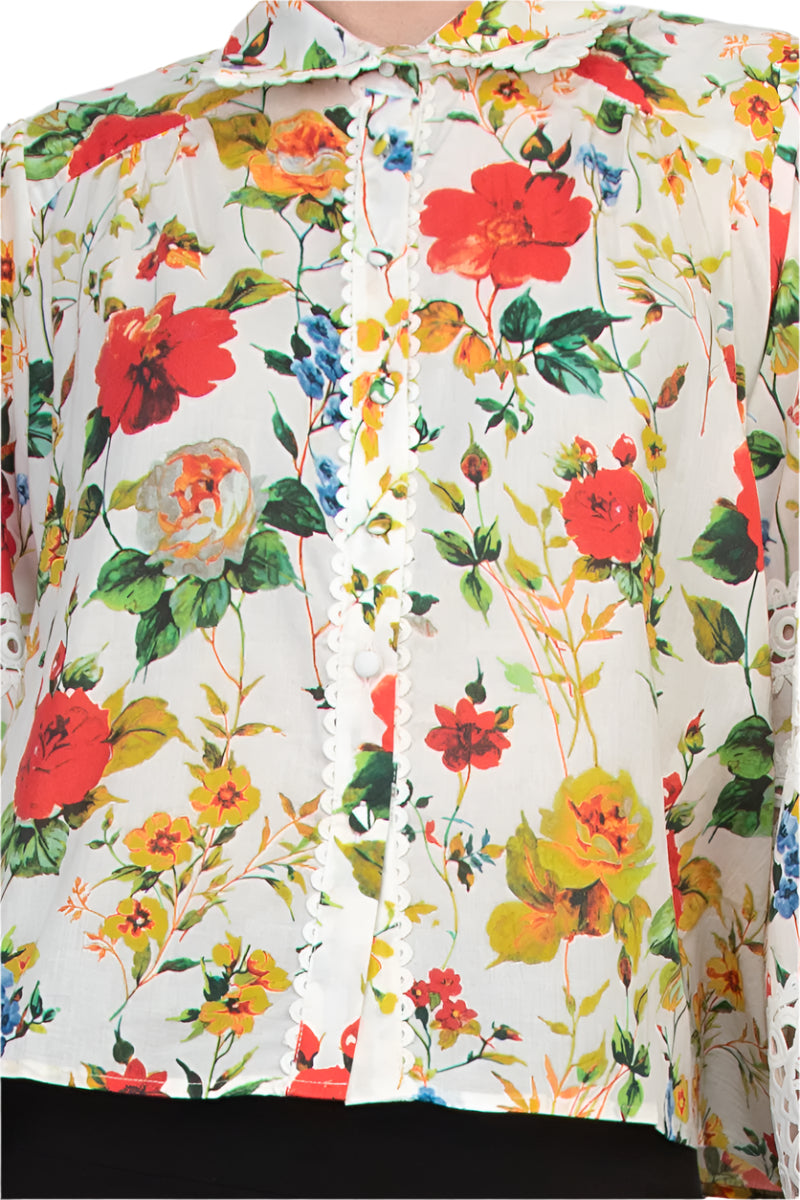 Elie High Collar Elastic Cuff Long Sleeves Front Button Down Closure Floral Pattern Shirt - PRINT - FABRIC