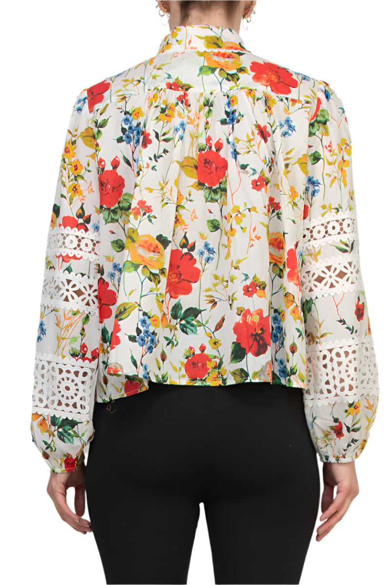 Elie High Collar Elastic Cuff Long Sleeves Front Button Down Closure Floral Pattern Shirt -MULTI FLEURS PRINT - BACK