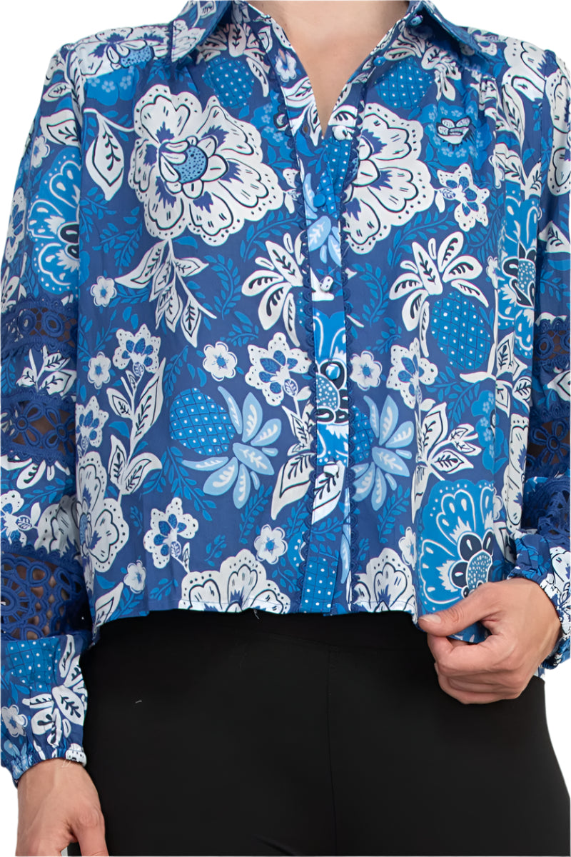Elie Tahari Vibrant Blue Floral Collared Neckline Lace Trim Long Sleeves Top Blouse Dress - PRINT - FABRIC