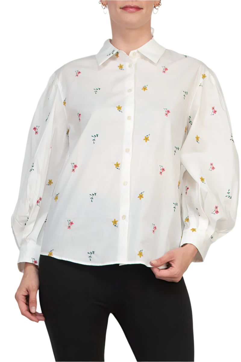 Elie Spread Collar Puff Cuffed Long Sleves Front Button Closure Embroidered Shirt - front view