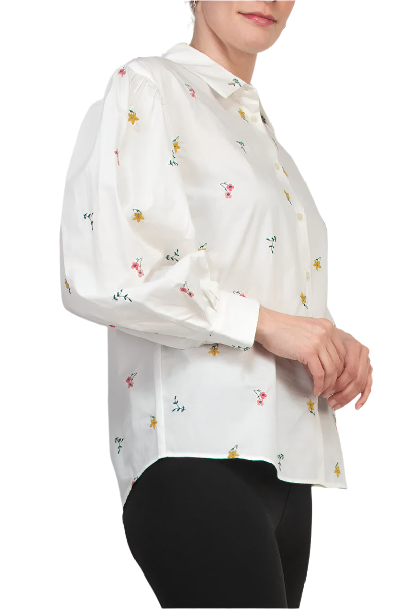Elie Spread Collar Puff Cuffed Long Sleves Front Button Closure Embroidered Shirt - WHITE MULTI - side
