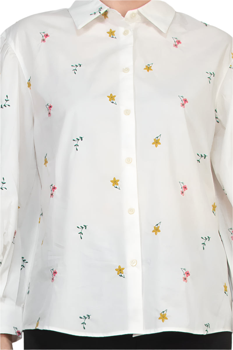 Elie Spread Collar Puff Cuffed Long Sleves Front Button Closure Embroidered Shirt - white multi - front view