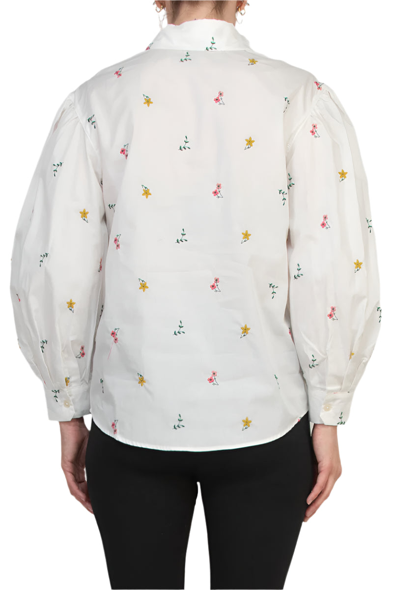 Elie Spread Collar Puff Cuffed Long Sleves Front Button Closure Embroidered Shirt - WHITE MULTI_back
