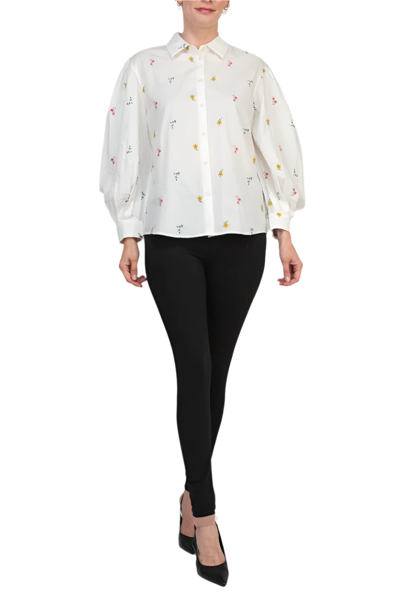 Elie Spread Collar Puff Cuffed Long Sleves Front Button Closure Embroidered Shirt - WHITE MULTI_front