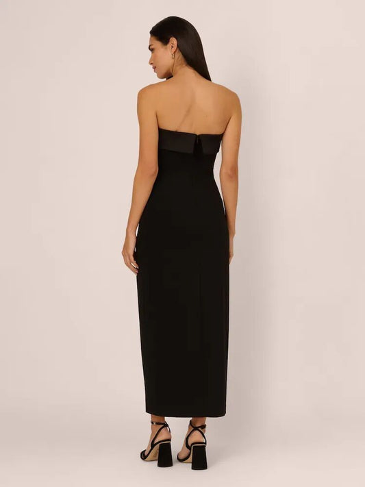 Black Strapless Midi Crepe Cocktail Dress with Front Slit Adrianna Papell ADAE211446