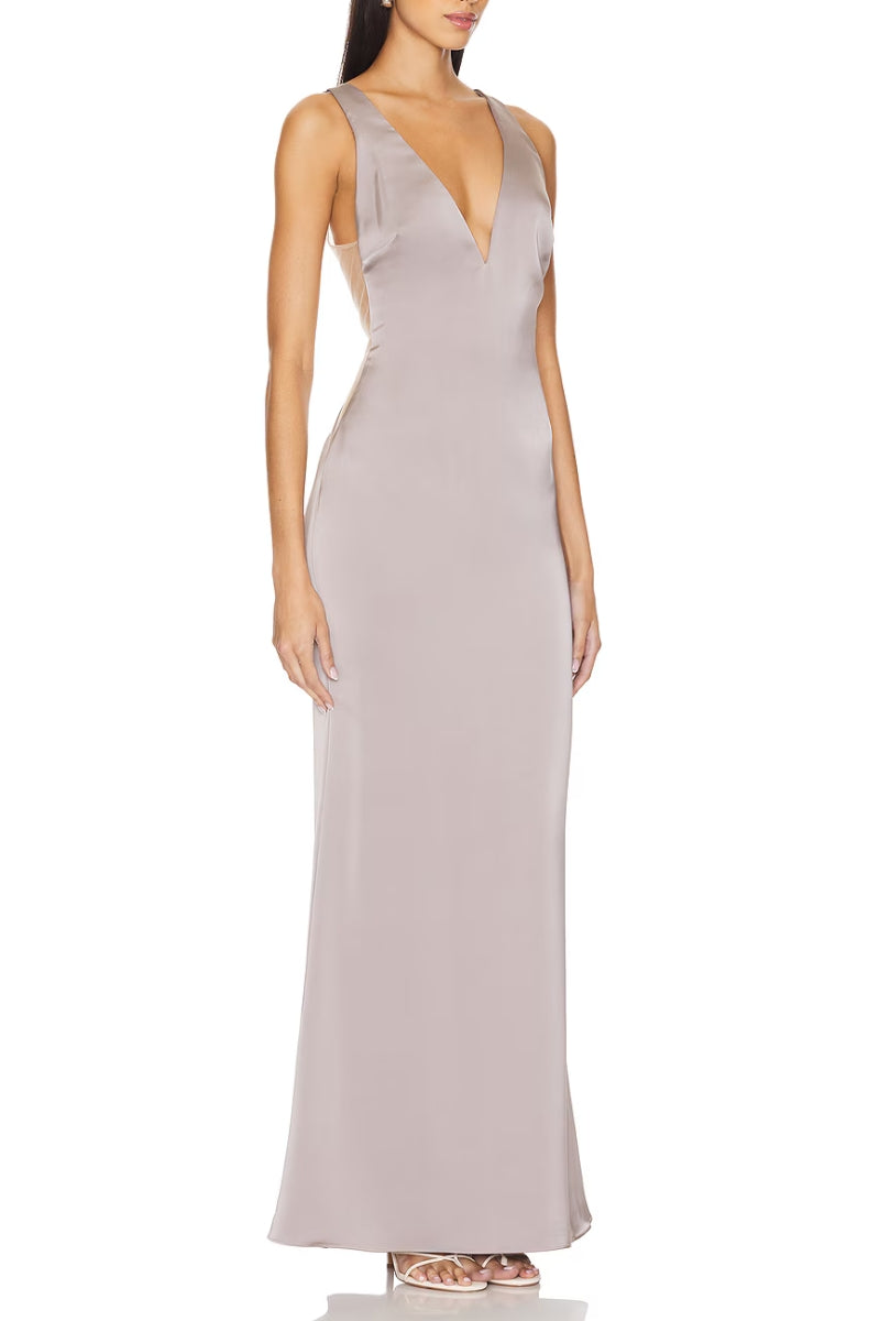 Katie May Plunging V-Neckline Hidden Zipper Skirt Back Slit Ruched Maxi Gown Dress - METAL - SIDE