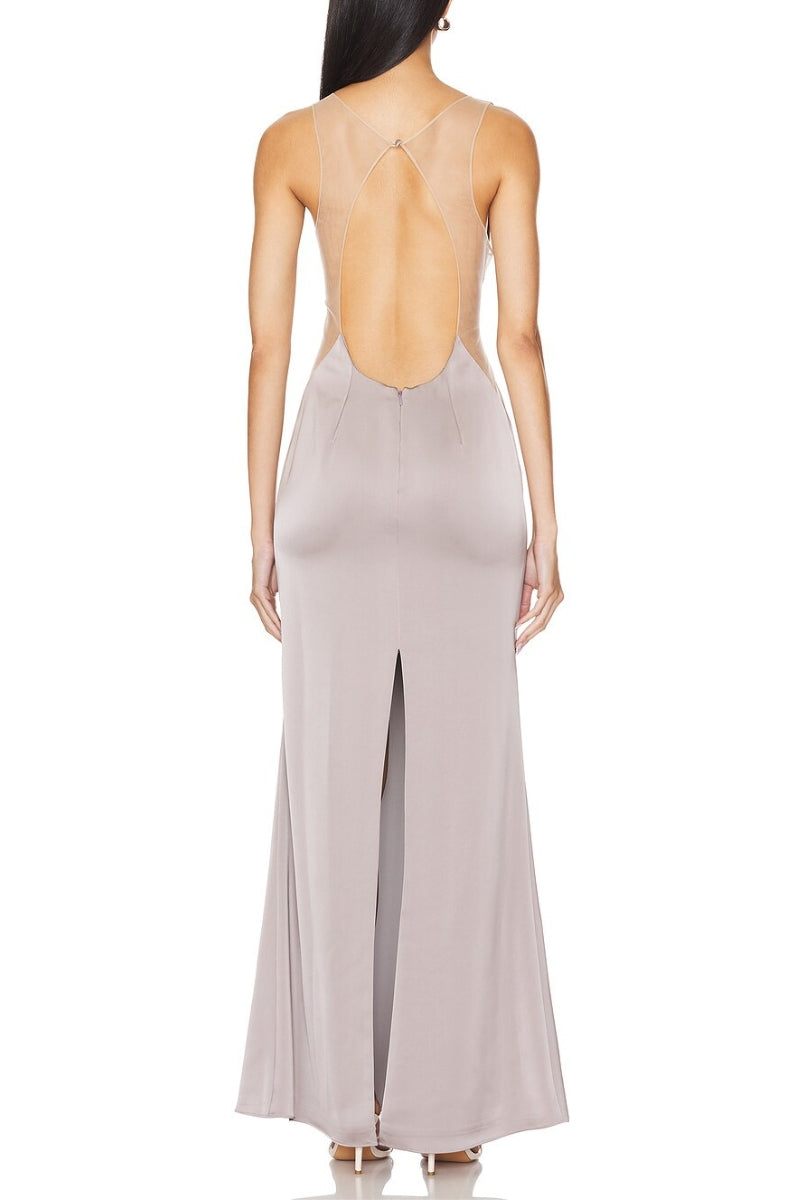 Katie May Plunging V-Neckline Hidden Zipper Skirt Back Slit Ruched Maxi Gown Dress - METAL - Back