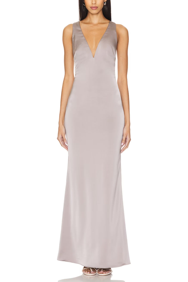 Katie May Plunging V-Neckline Hidden Zipper Skirt Back Slit Ruched Maxi Gown Dress - METAL - Front