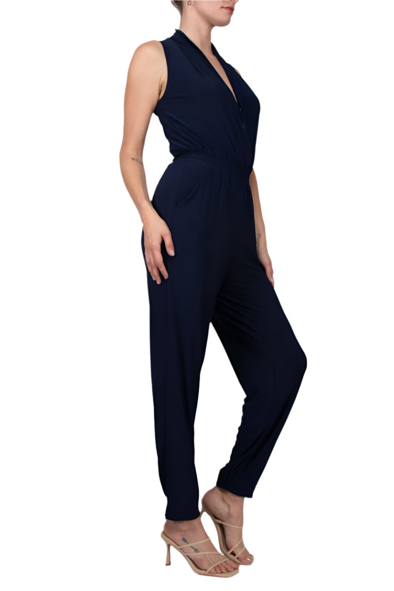 Laundry V-Neck Zipper Front Sleeveless Ruched Solid Jumpsuit - NAVY - SIDE
