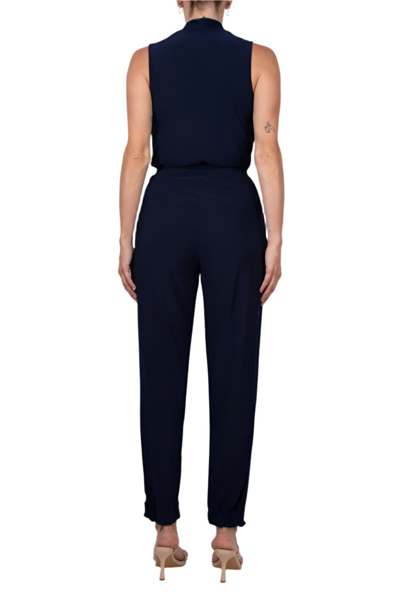 Laundry V-Neck Zipper Front Sleeveless Ruched Solid Jumpsuit - NAVY - BACK