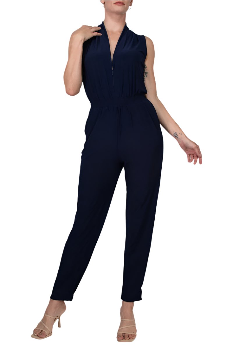 Laundry V-Neck Zipper Front Sleeveless Ruched Solid Jumpsuit - NAVY - FRONT FULL VIEW
