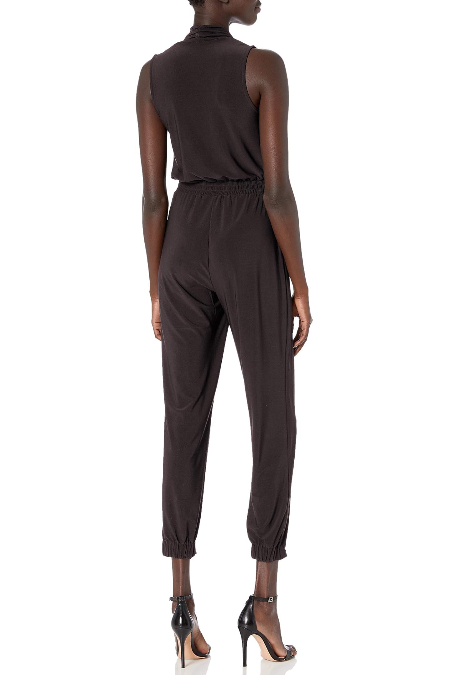 Laundry V-Neck Zipper Front Sleeveless Ruched Solid Jumpsuit - BLACK - BACK