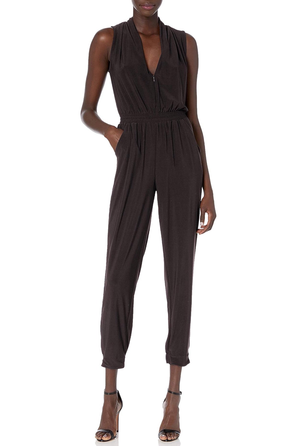 Laundry V-Neck Zipper Front Sleeveless Ruched Solid Jumpsuit - BLACK  - FRONT