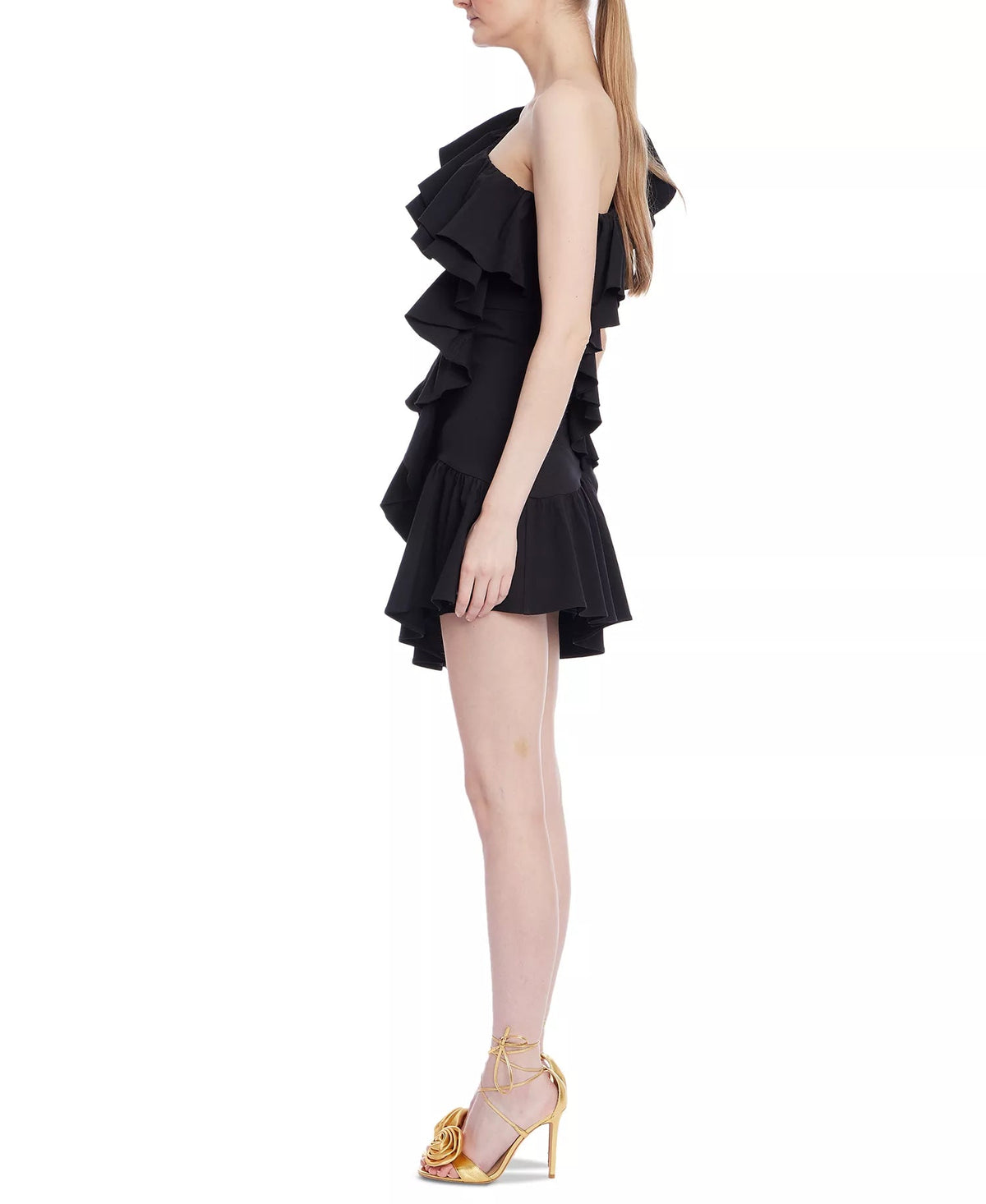 One-Shoulder Mini Scuba Cocktail Ruffled Sheath Dress Jewel Badgley Mischka J0103