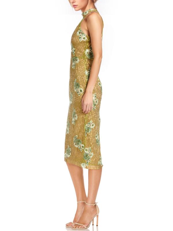Halter Knee-Length Sequin Cocktail Embroidered Floral Dress Badgley Mischka J0113