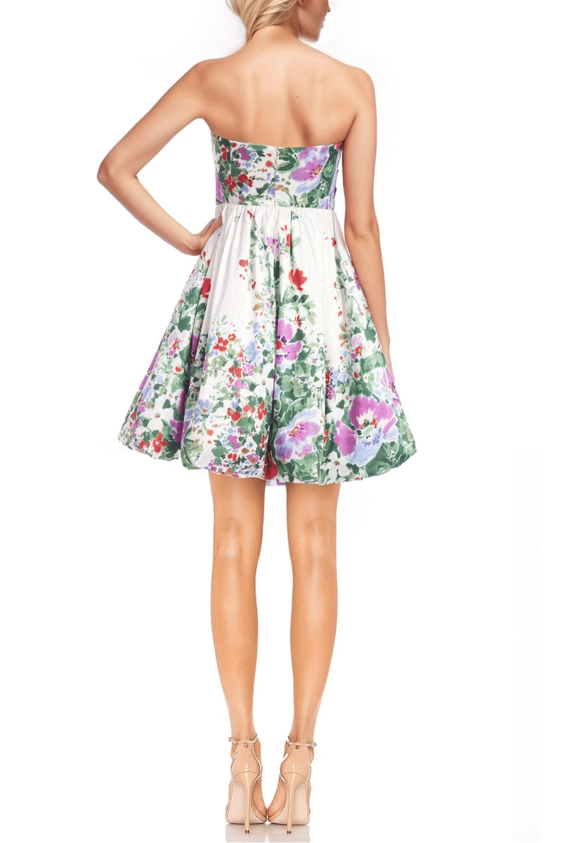 Badgley Mischka Bright Floral Print Strapless Shoulder-Baring Neckline Fitted Bodice Cinched Waist Bubble Hem Mini Dress - GREEN MULTI - BACK