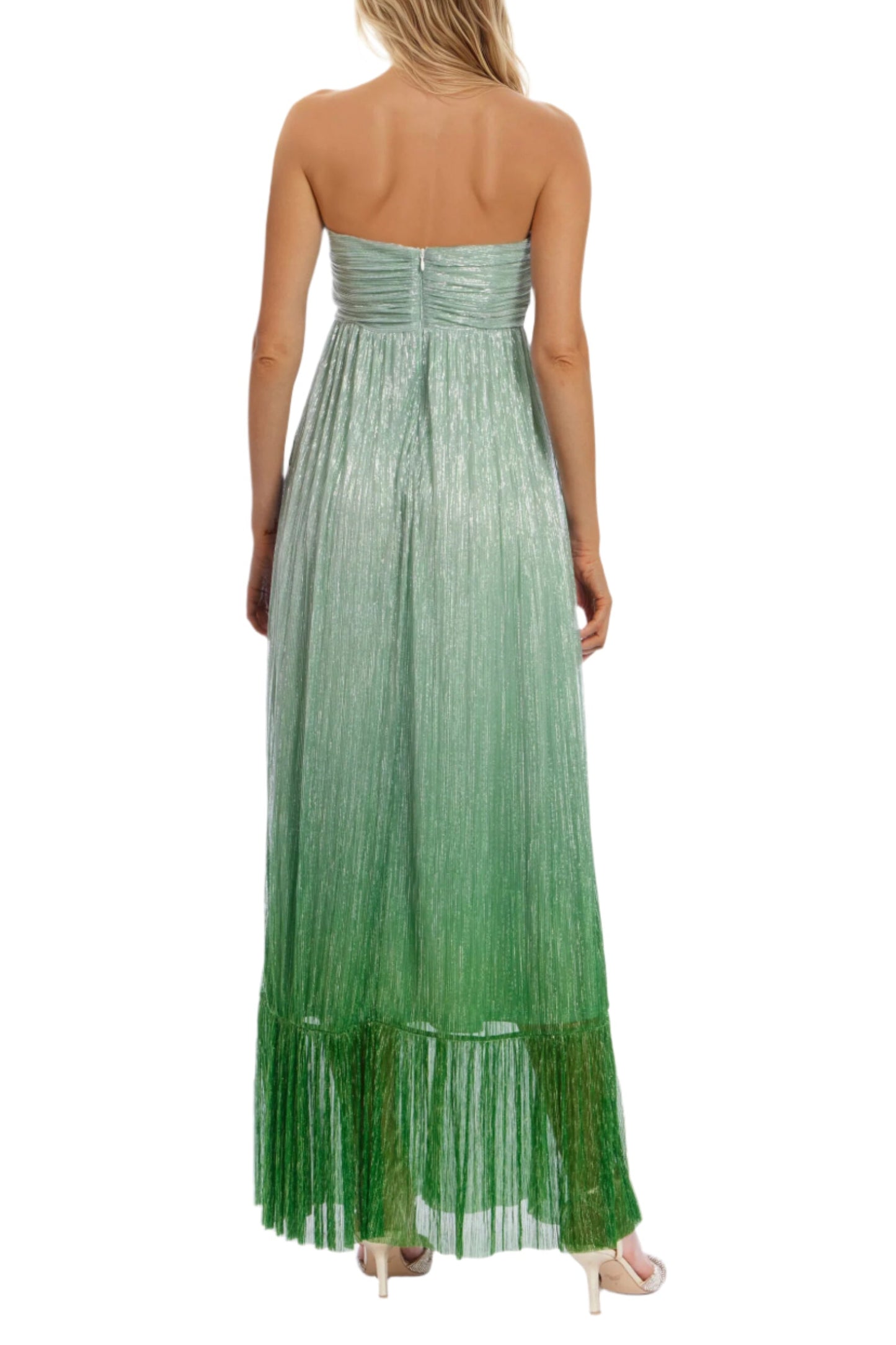 Badgley Mischka Sweetheart Neckline Empire Waist Shimmering Strapless Gown Dress - GREEN SILVER - Back