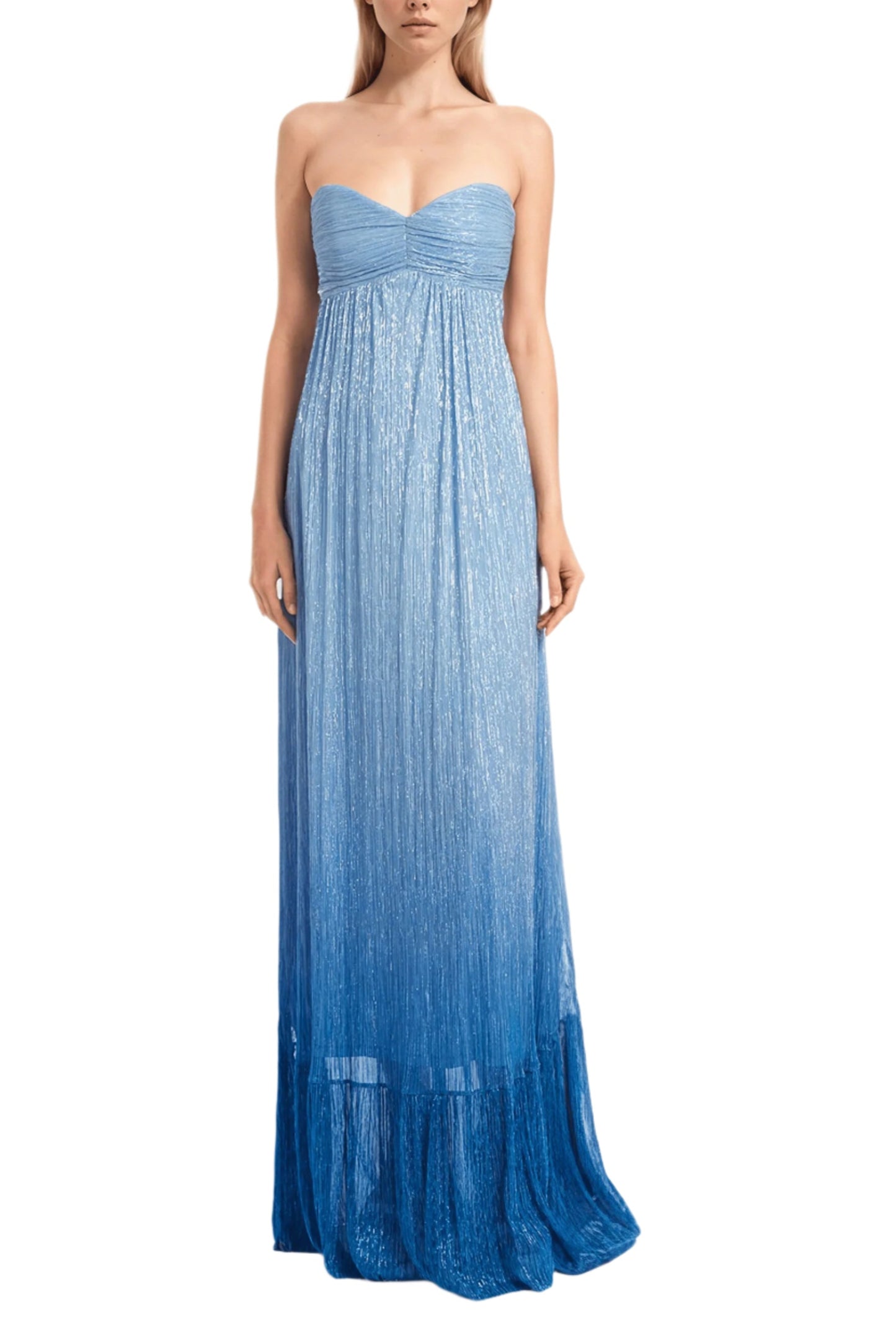 Badgley Mischka Sweetheart Neckline Empire Waist Shimmering Strapless Gown Dress - BLUE MULTI - Front