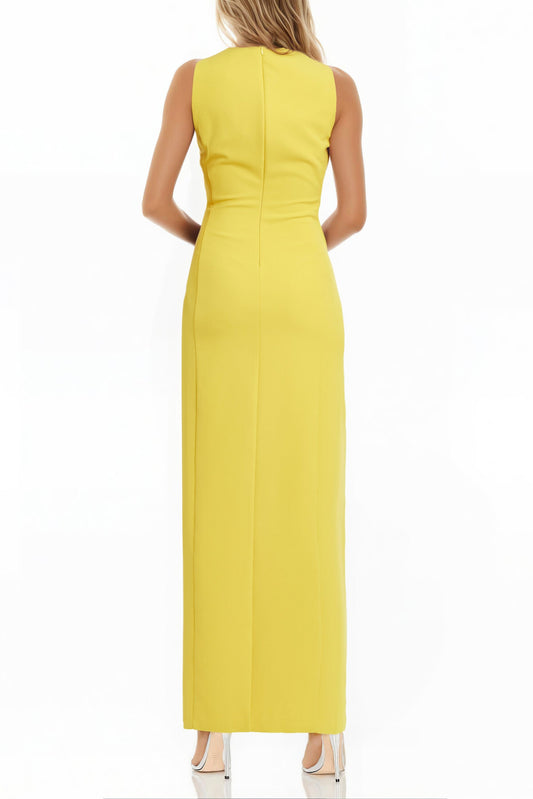 Yellow Square Neck Floor-Length Crepe Formal Sheath Dress Front Slit Jewel Badgley Mischka J0192A
