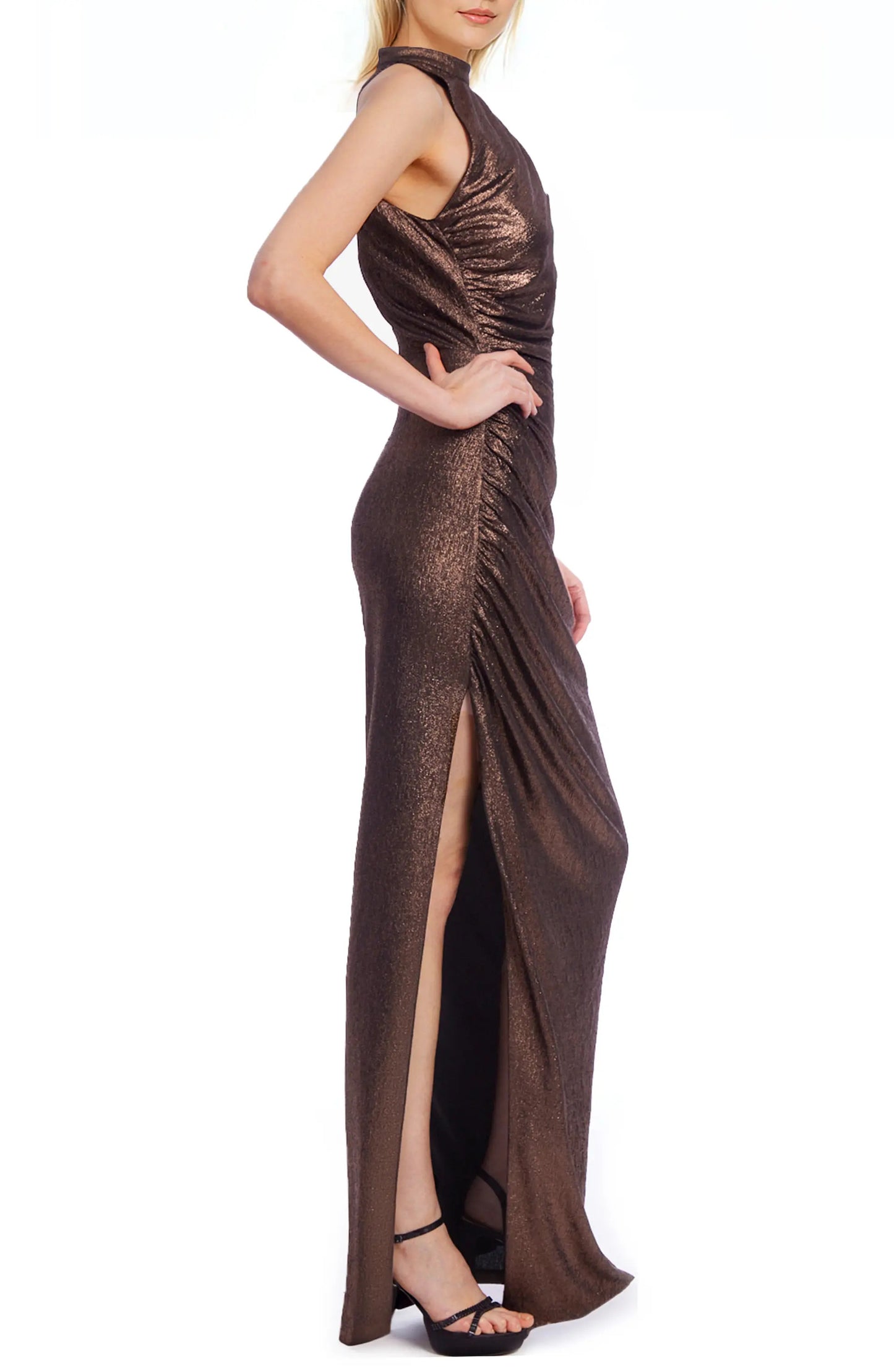 Badgley Mischka Cap One-Shoulder Asymmetrical Mock Neckline Draped Bodice High Side Thigh-Slit Sheath Gown Dress
