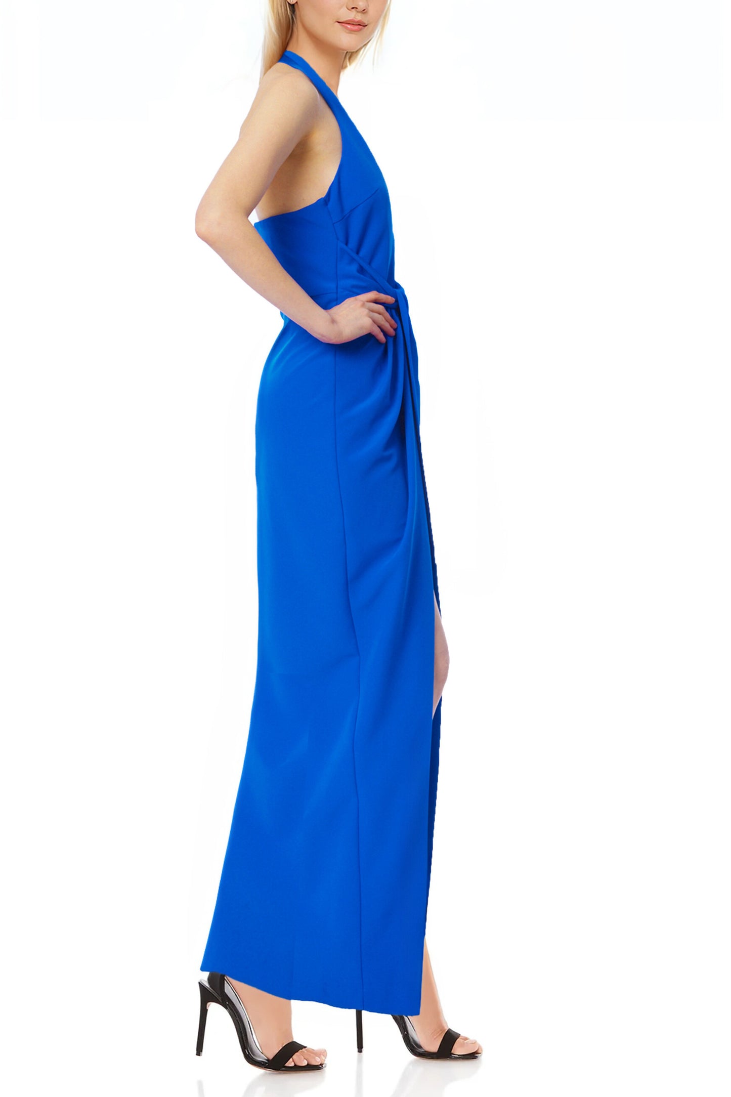 Badgley Mischka Halter Neckline Open Back Waist Line Bonnie Tie High Slit Gown Dress