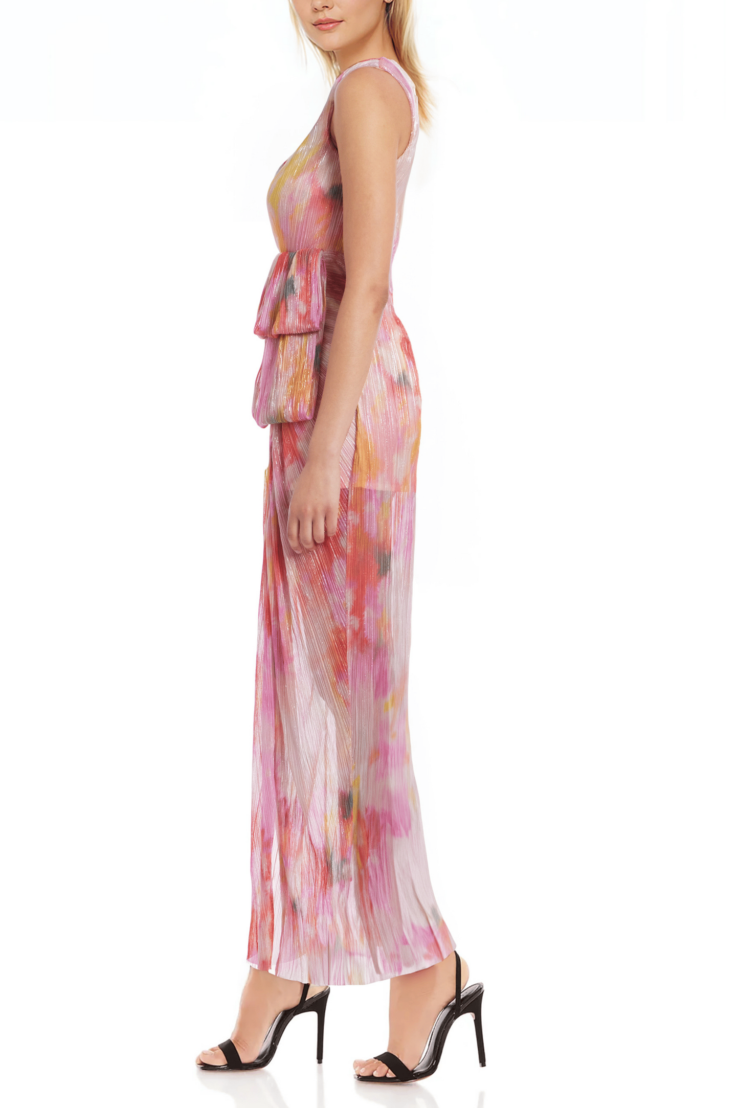 Badgley Mischka Debbie One-Shoulder Side Zipper Draping Side Waist Fold Sheer Skirt Gown Dress