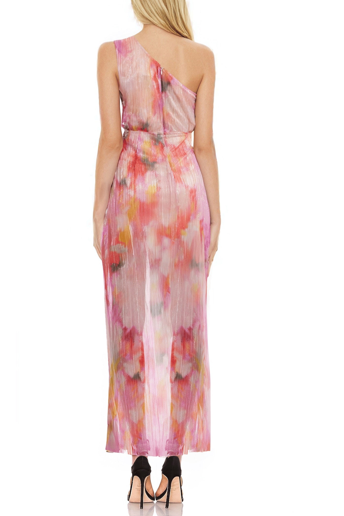 Badgley Mischka Debbie One-Shoulder Side Zipper Draping Side Waist Fold Sheer Skirt Gown Dress - PINK MULTI - Back