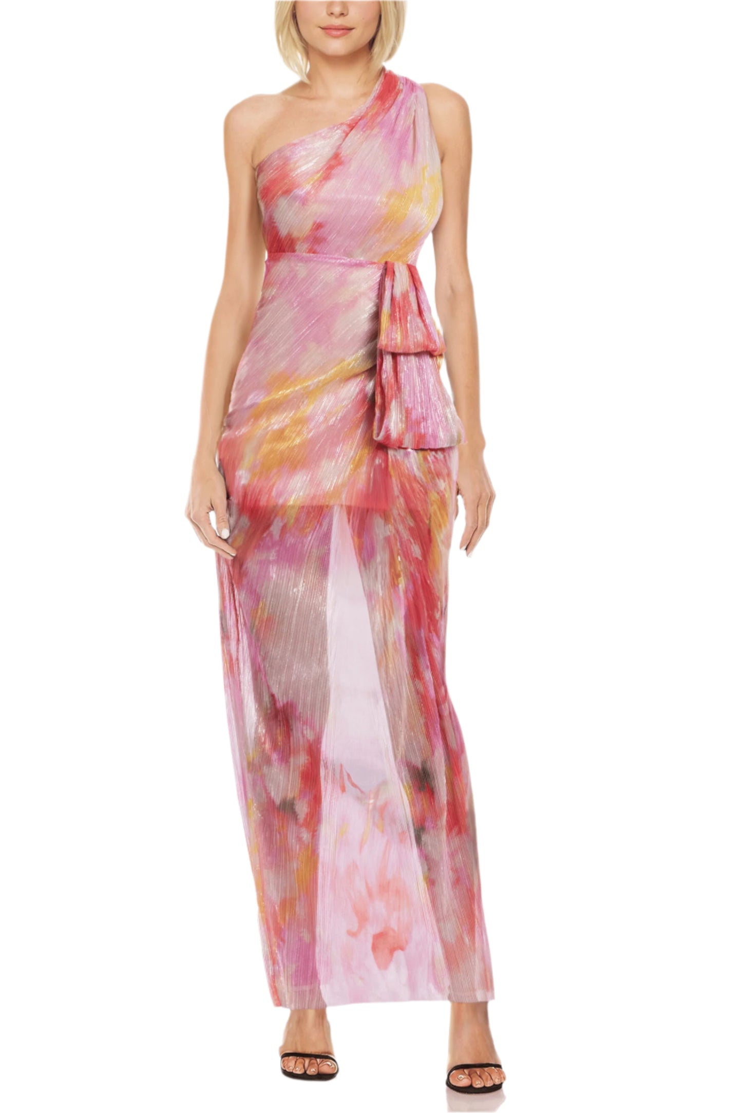 Badgley Mischka Debbie One-Shoulder Side Zipper Draping Side Waist Fold Sheer Skirt Gown Dress - PINK MULTI - Front